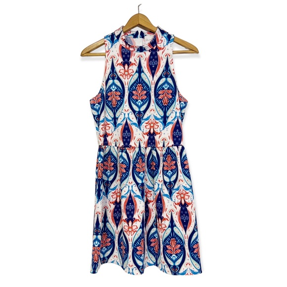 Charles Henry Blue Coral White Print Sleeveless A Line Dress - Picture 2 of 14